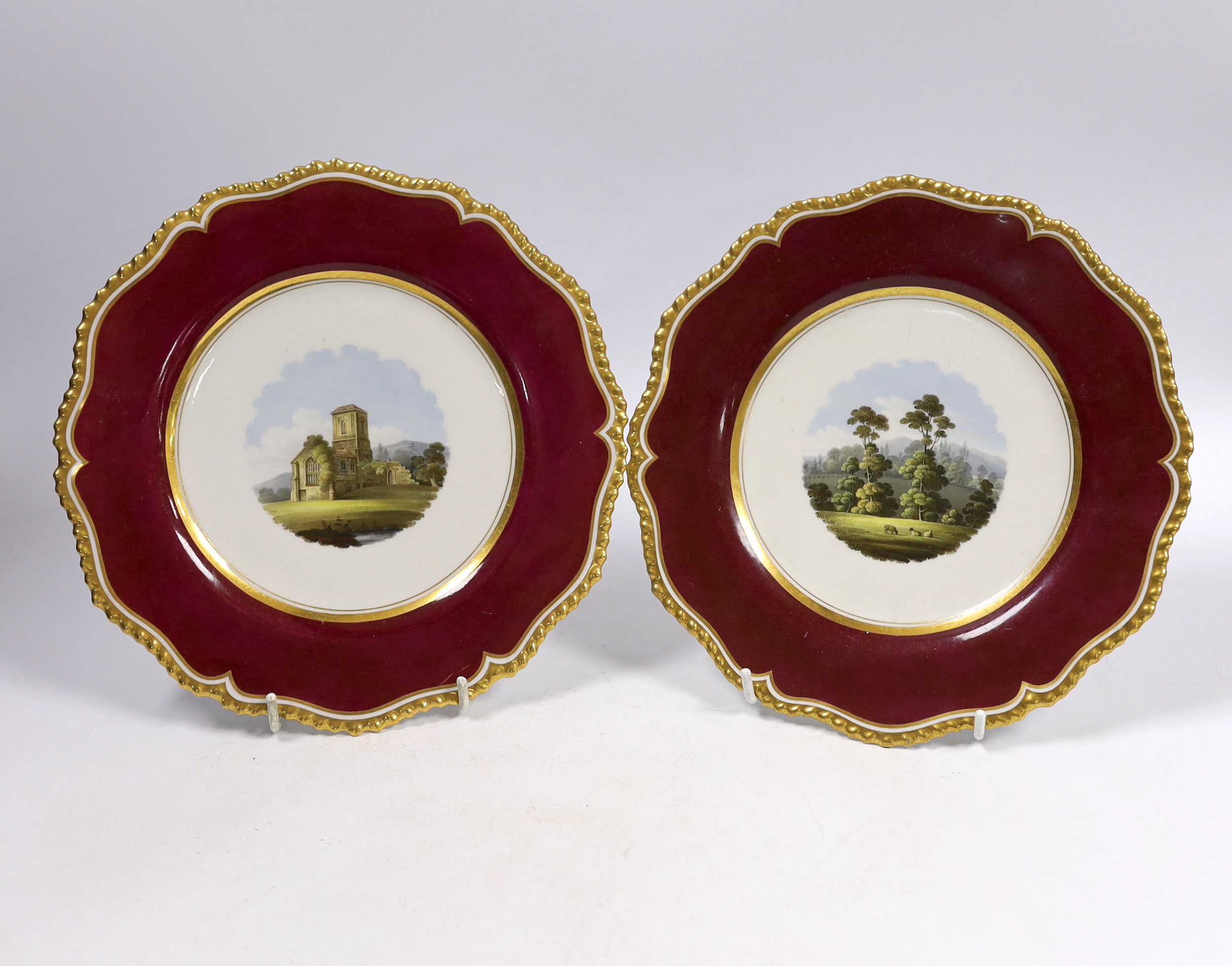 A pair of Flight, Barr & Barr Worcester named topographical plates, c.1820, views of Malvern Hills from Boughton House and Little Malvern Church, 23cm diameter